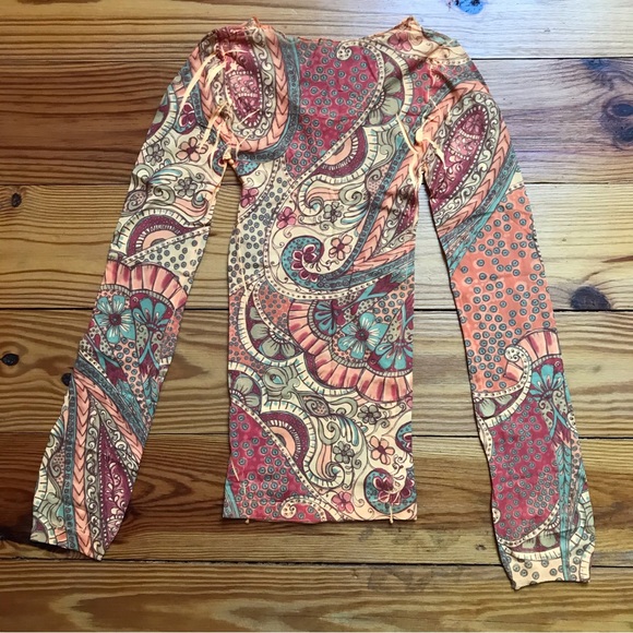 Sheer Orange Red Nude Paisley Long Sleeve Top, NWT, XS - Picture 5 of 7